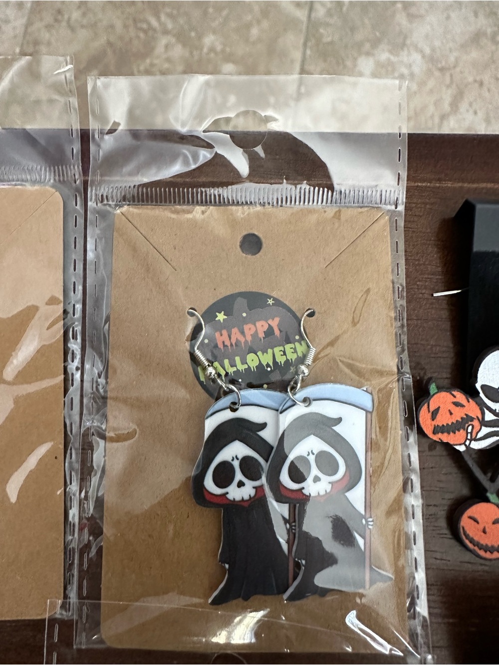 Halloween Grim Reaper Skull Dangle Earrings - Black & White